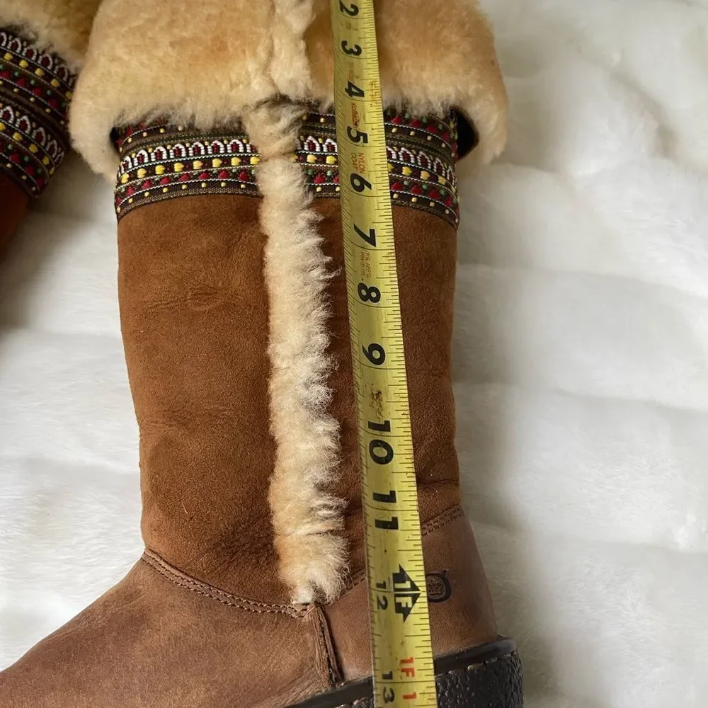 Born leather suede tan boots shearling fur lined multi color ribbon appliqué SZ6